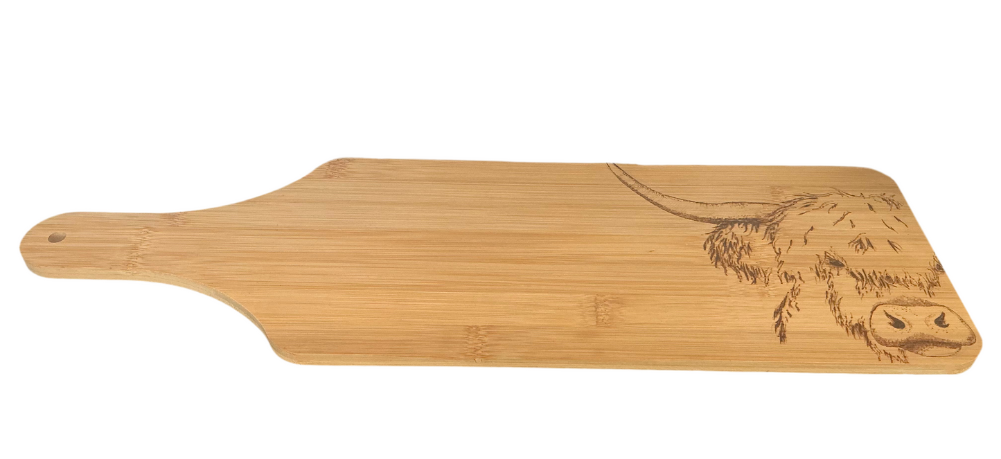 Highland Cow Bamboo Serving Board – Handmade Rustic Chopping Board Gift - Cheese & Charcuterie Serving Platter