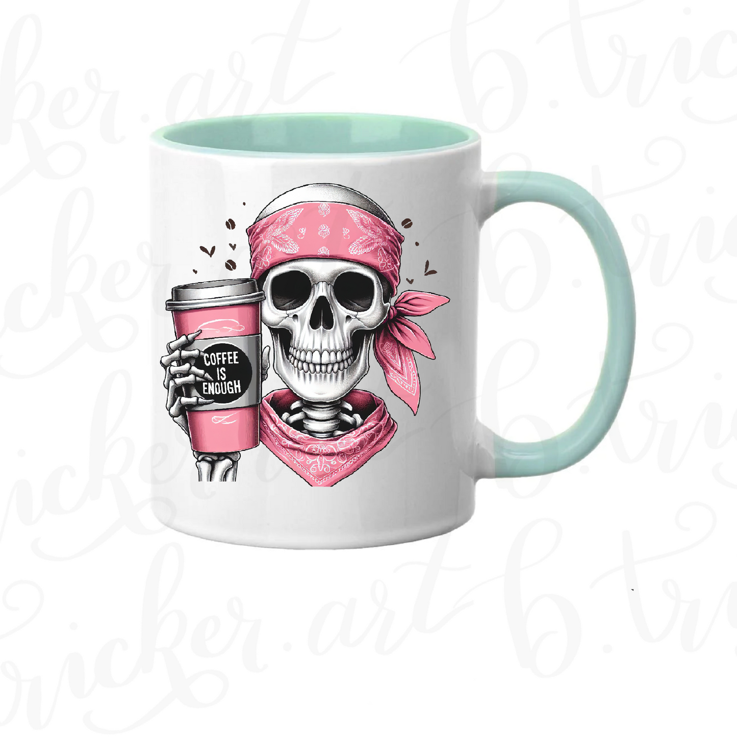 Gothic Skeleton Coffee Mug | “Coffee Is Enough” 11oz Cup | Pink Bandana Skull Design | Alternative Gift