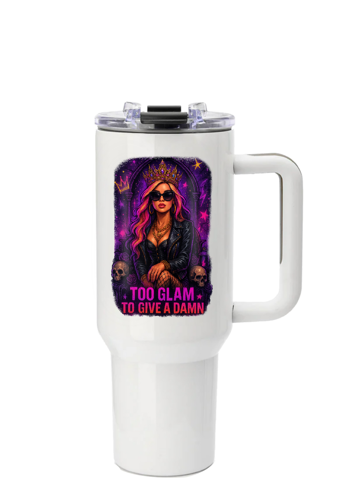 40oz Tumbler β Too Glam to Give a Damn β Double Walled Stainless Steel with Handle & Straw β Gothic Glam Mug β Alt Fashion Gift for Coffee Lovers
