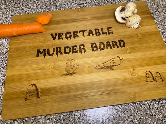 Vegetable Murder Board – Funny Handmade Bamboo Chopping Board | Kitchen Decor | Dark Humour Gift for Foodies (medium size 20x30cm)