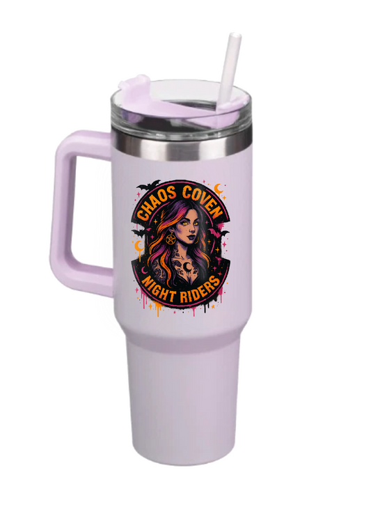 40oz Tumbler β Chaos Coven Night Riders β Double Walled Stainless Steel with Handle & Straw β Gothic Witchy Mug β Halloween Alt Gift for Coffee Lovers