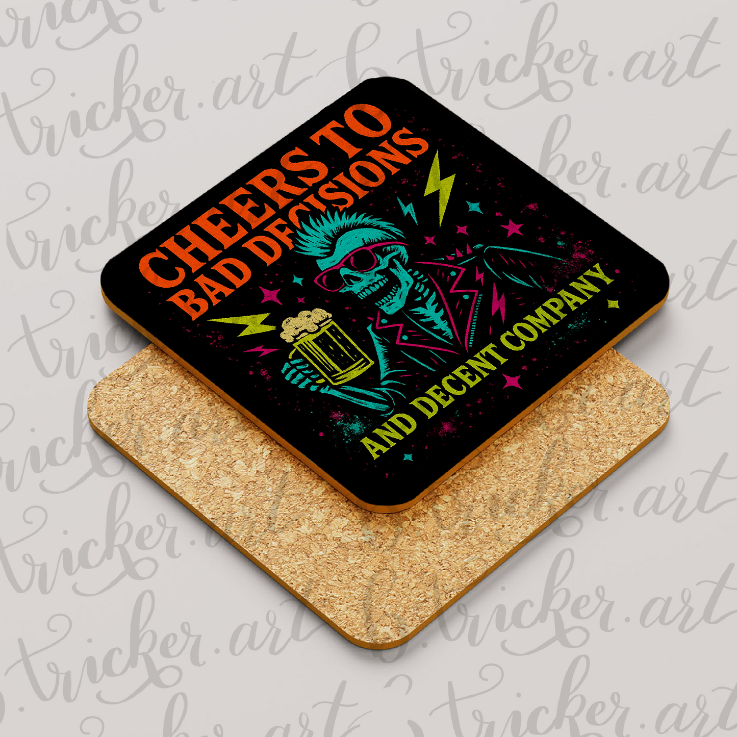 Cheers to Bad Decisions Coaster – Funny Punk Skull Drink Mat – Gothic Neon Gift