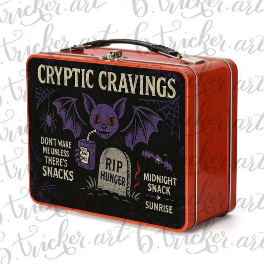 Cryptic Cravings Gothic Metal Lunchbox – Vampire Bat Midnight Snack Box – Blue, Red or Silver – Alt Lunchbox for Night Owls and Goth Kids