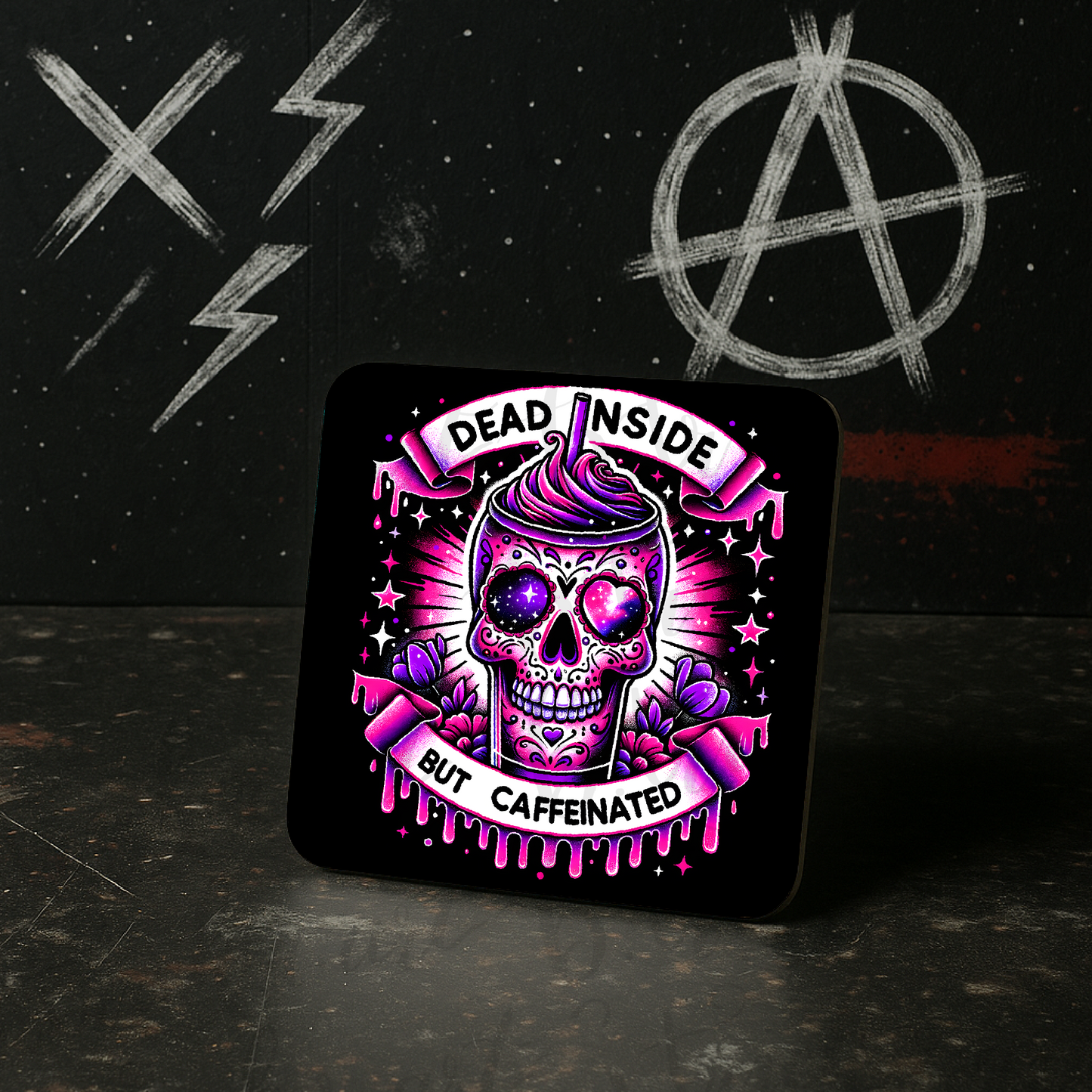 Dead Inside But Caffeinated Coaster – Neon Sugar Skull Coffee Decor – Funny Gothic Gift