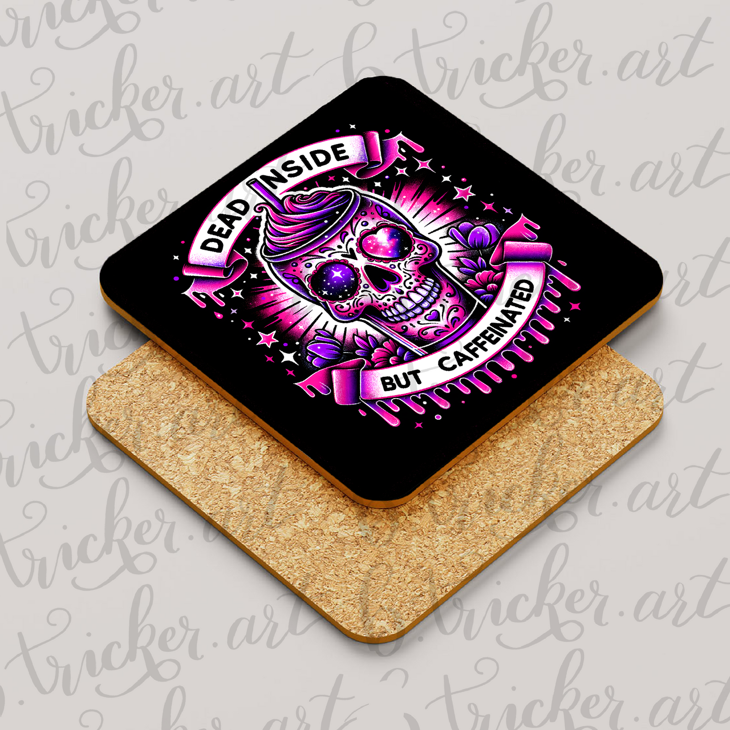 Dead Inside But Caffeinated Coaster – Neon Sugar Skull Coffee Decor – Funny Gothic Gift