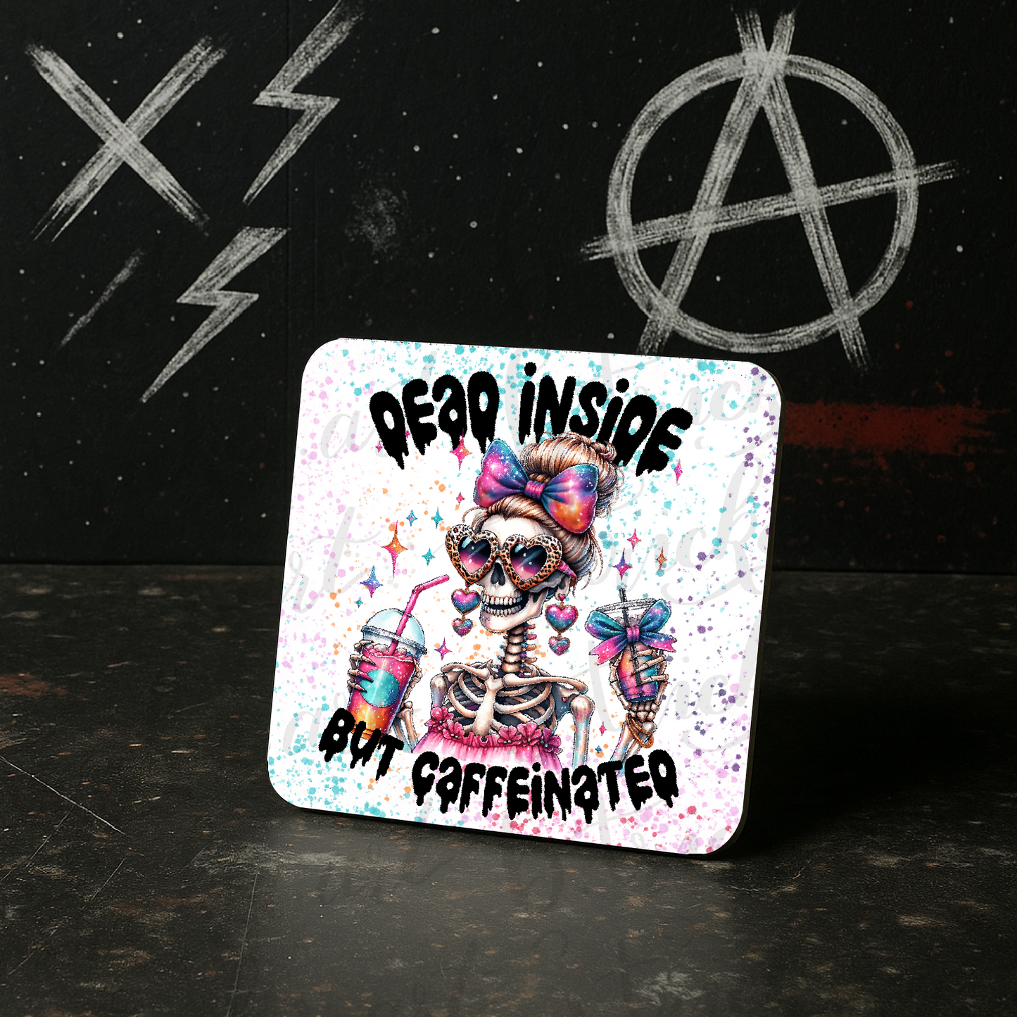 Dead Inside But Caffeinated Coaster – Funny Girly Skeleton Coffee Gift – Gothic Pink Decor