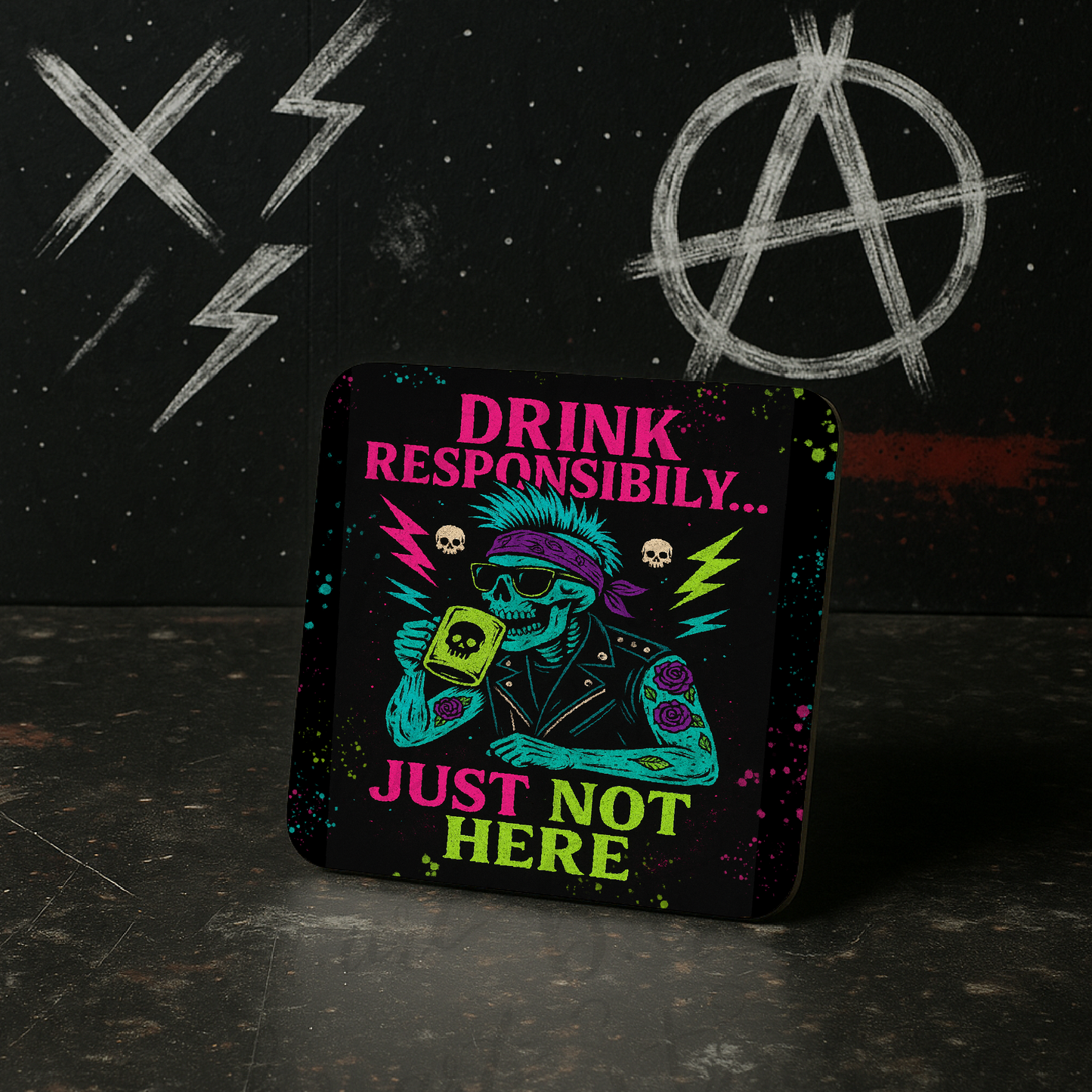 Funny Punk Skull Coaster – Drink Responsibly Just Not Here – Gothic Neon Gift
