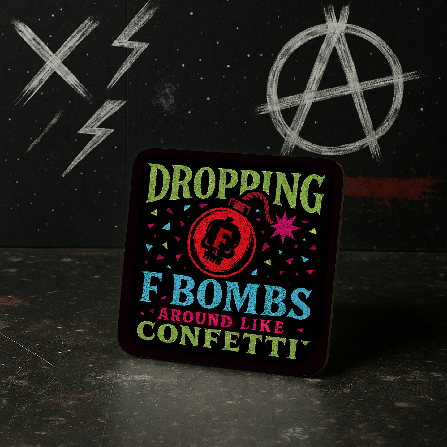 Dropping F Bombs Coaster – Funny Swearing Confetti Quote – Alternative Gift for Sarcastic Friends
