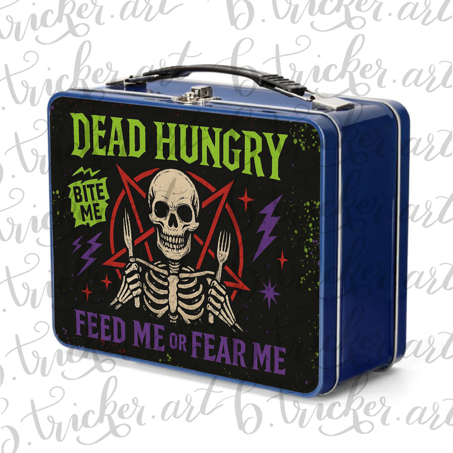 Dead Hungry Feed Me or Fear Me – Skull Lunchbox – Gothic Metal Punk Lunch Box for School, Work, or Chaos – Red, Blue, Silver