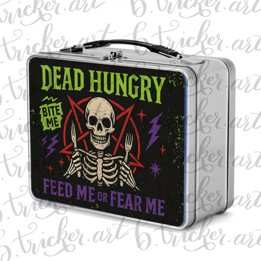 Dead Hungry Feed Me or Fear Me – Skull Lunchbox – Gothic Metal Punk Lunch Box for School, Work, or Chaos – Red, Blue, Silver