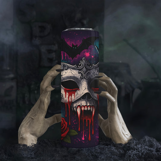 Gothic Vampire Mask 20oz Tumbler – Blood Drip Masks & Bats | Dark Fantasy Horror Design