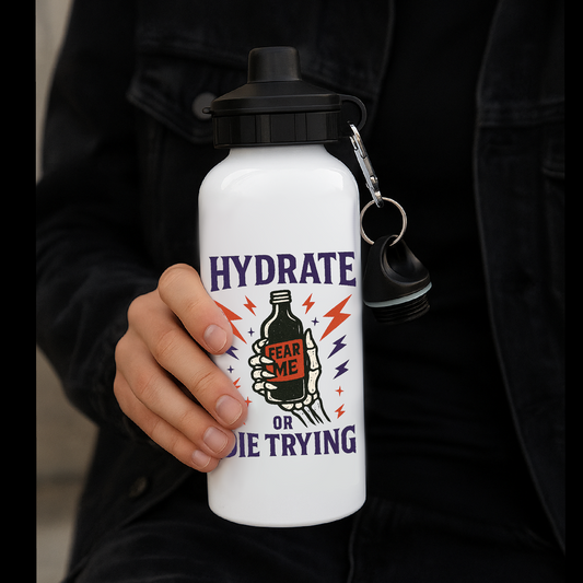 Metal Water Bottle – “Hydrate or Die Trying” - Fear Me Skeleton Hand Design – Reusable Flask for Alt, Punk & Emo