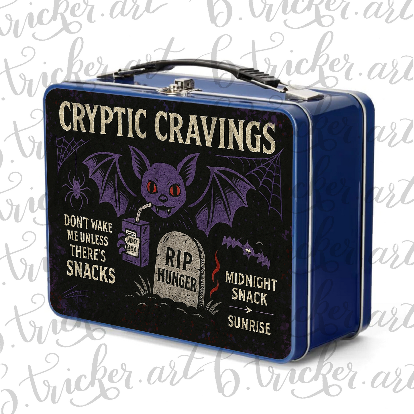 Cryptic Cravings Gothic Metal Lunchbox – Vampire Bat Midnight Snack Box – Blue, Red or Silver – Alt Lunchbox for Night Owls and Goth Kids