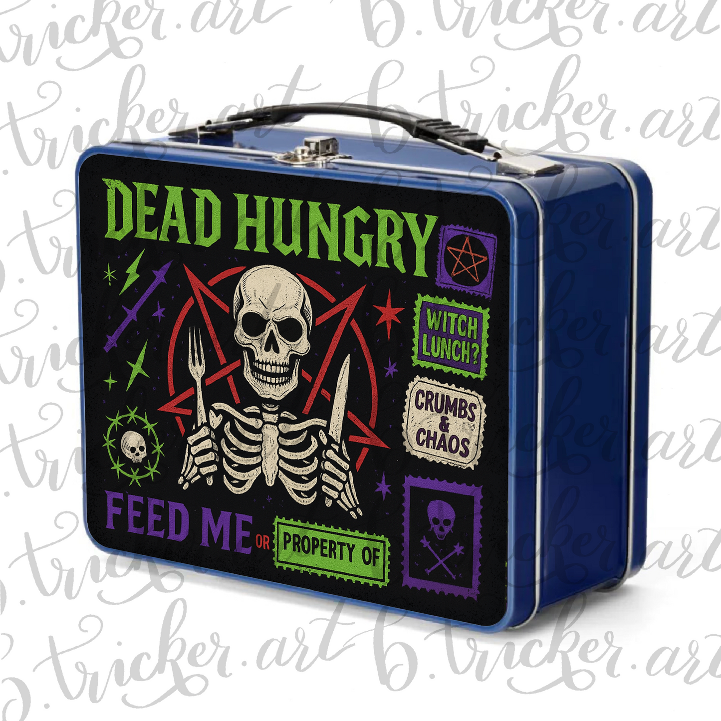Dead Hungry Gothic Skull Metal Lunchbox – Alternative Punk Rock Lunch Box for Kids & Adults (Red, Blue, Silver)