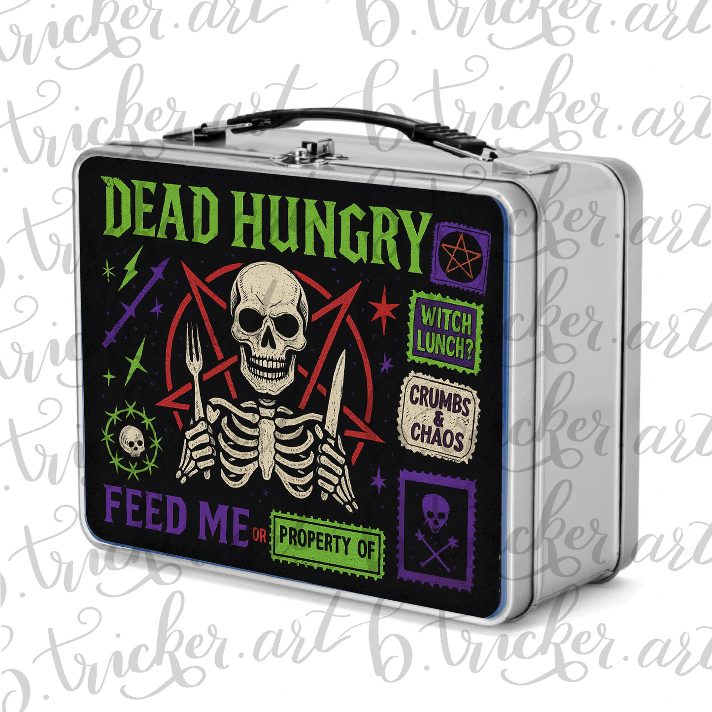 Dead Hungry Gothic Skull Metal Lunchbox – Alternative Punk Rock Lunch Box for Kids & Adults (Red, Blue, Silver)