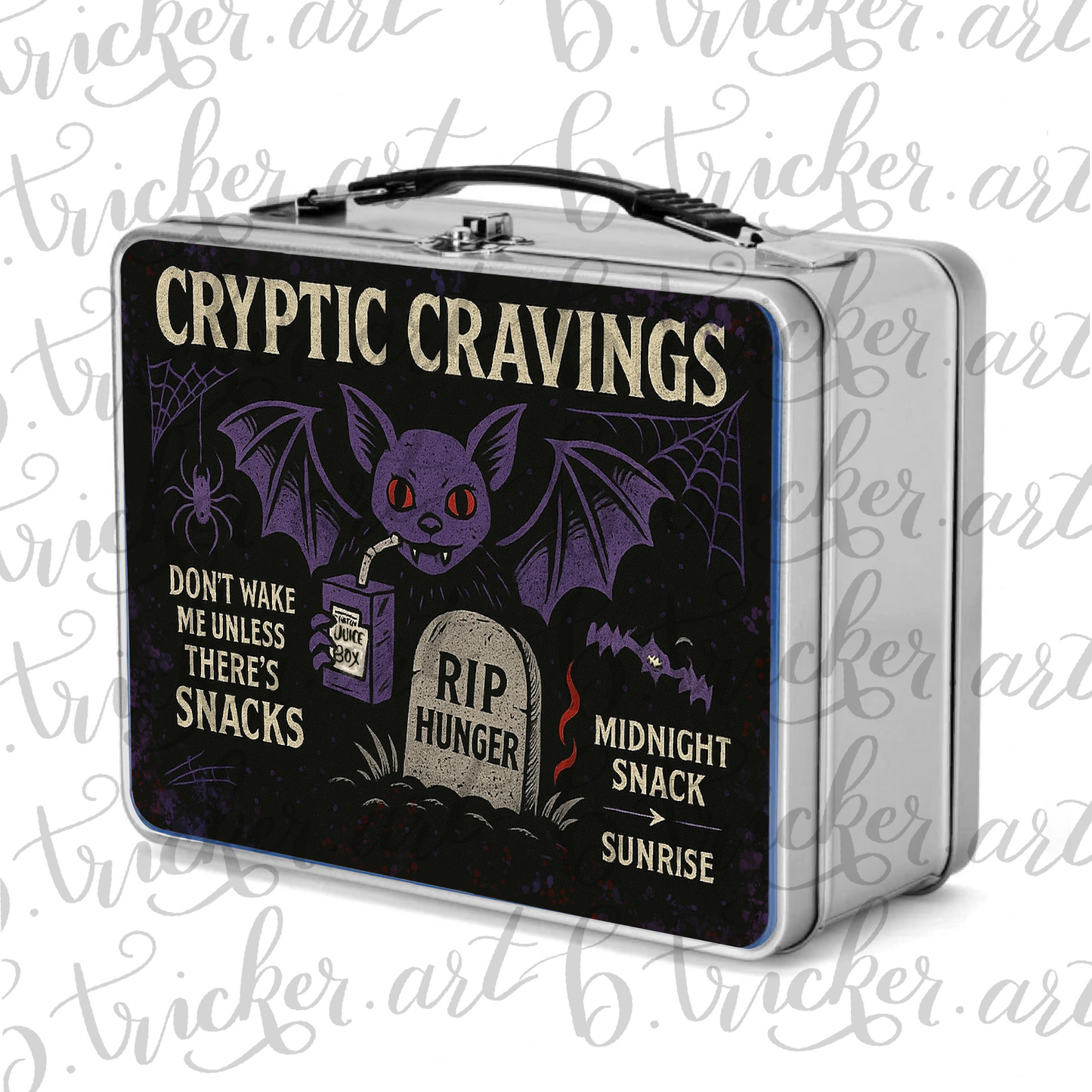 Cryptic Cravings Gothic Metal Lunchbox – Vampire Bat Midnight Snack Box – Blue, Red or Silver – Alt Lunchbox for Night Owls and Goth Kids