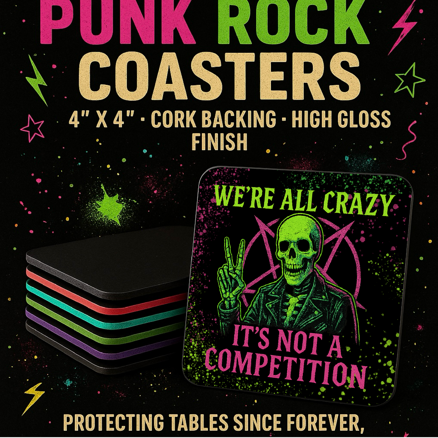 Dead Inside But Caffeinated Coaster – Funny Girly Skeleton Coffee Gift – Gothic Pink Decor
