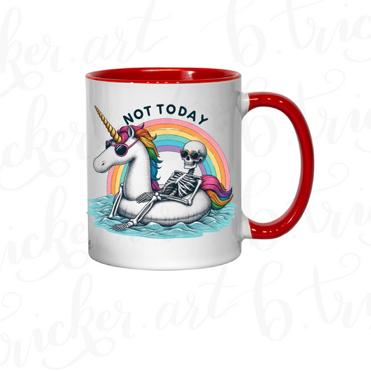 Funny Gothic Mug | “Not Today” Skeleton on Unicorn 11oz Coffee Cup | Rainbow Alt Humour Gift