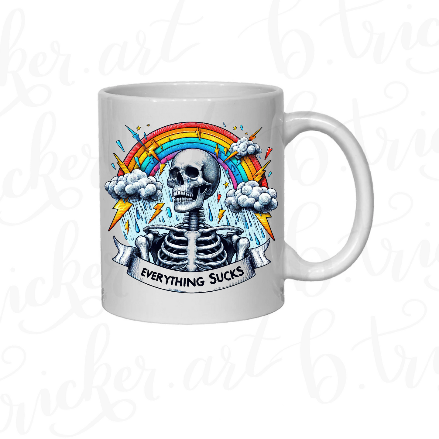 Sarcastic Gothic Mug | “Everything Sucks” Skeleton & Rainbow 11oz Coffee Cup | Alternative Funny Gift