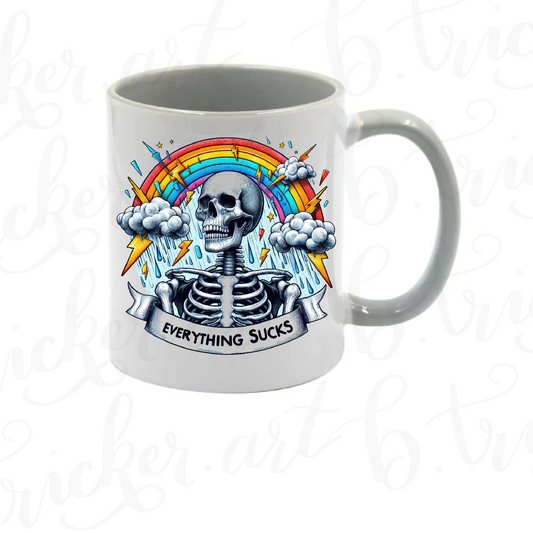 Sarcastic Gothic Mug | “Everything Sucks” Skeleton & Rainbow 11oz Coffee Cup | Alternative Funny Gift