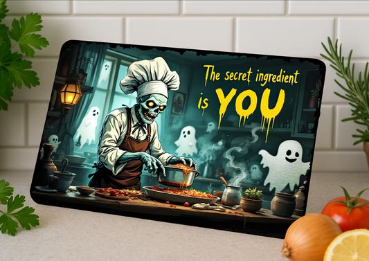 Glass Chopping Board-Skeleton Chef-Halloween– “The Secret Ingredient Is You”