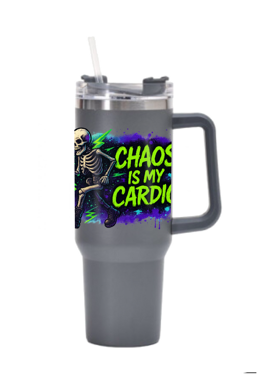 40oz Tumbler Chaos Is My Cardio Double Walled Stainless Steel with Handle & Straw β Funny Gothic Skeleton Mug β Alt Halloween Gift for Coffee Lovers