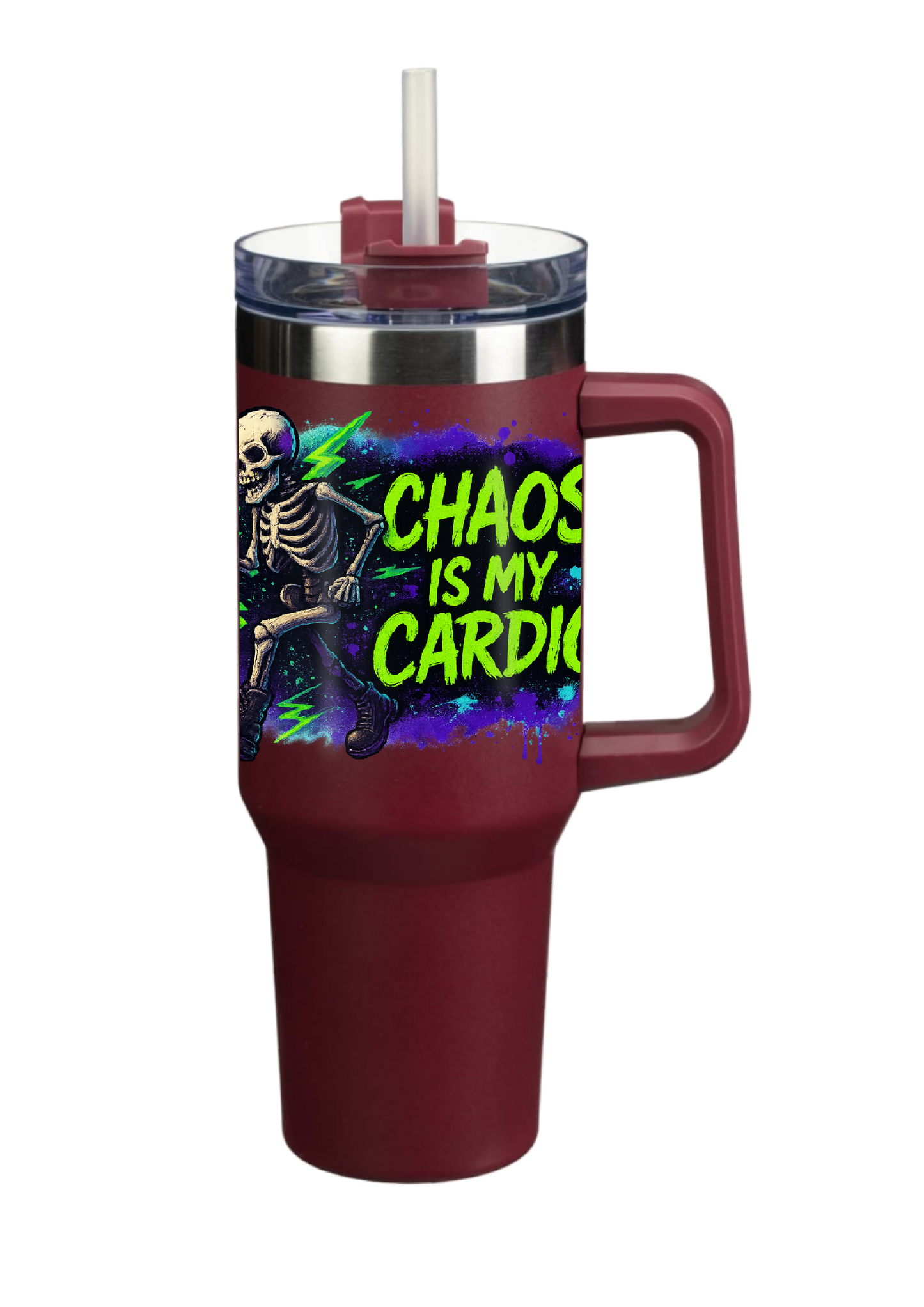 40oz Tumbler Chaos Is My Cardio Double Walled Stainless Steel with Handle & Straw – Funny Gothic Skeleton Mug – Alt Halloween Gift for Coffee Lovers