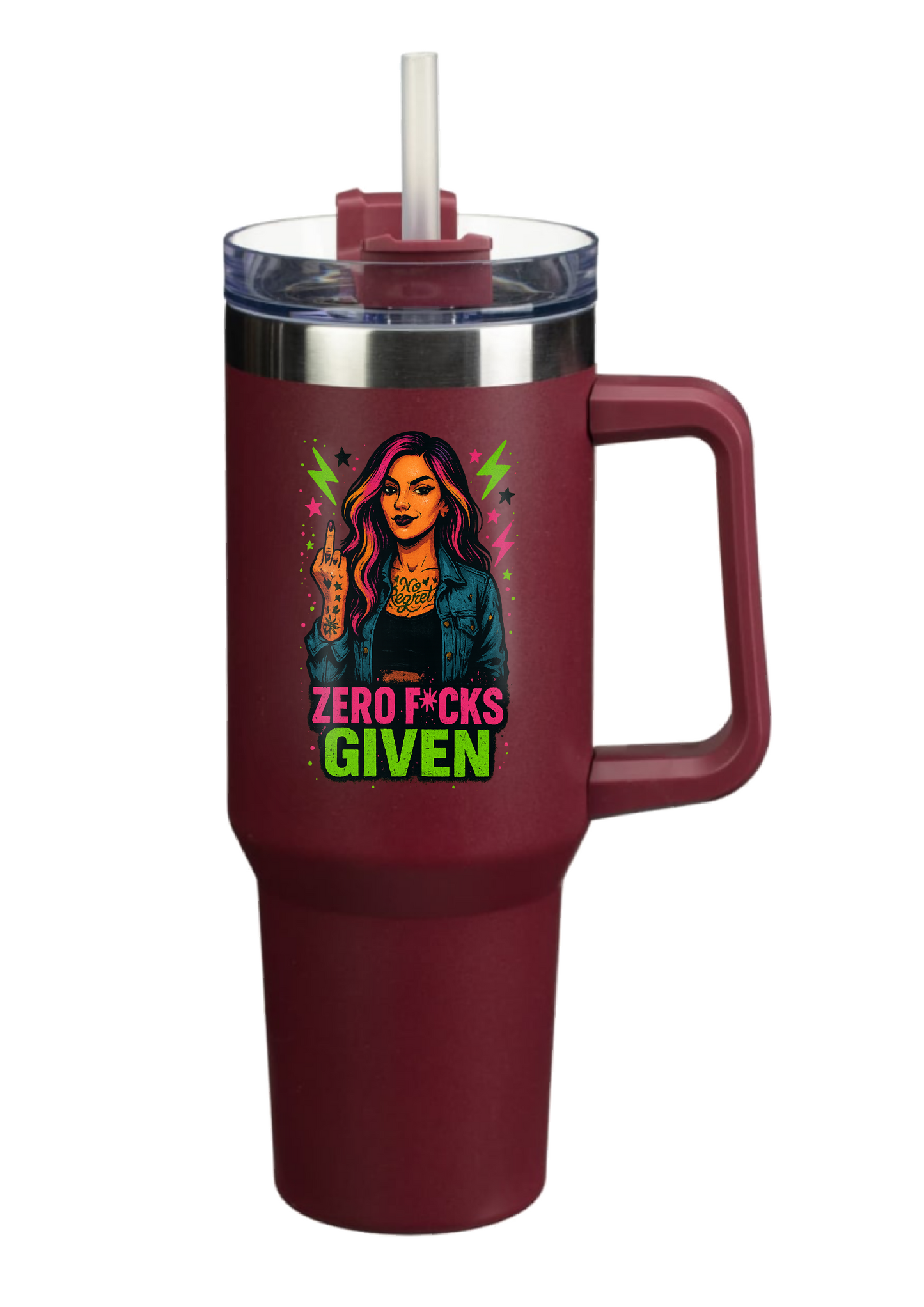 40oz Tumbler – Zero F*cks Given – Double Walled Stainless Steel with Handle & Straw – Funny Gothic Alt Mug – Sarcastic Gift for Coffee Lovers