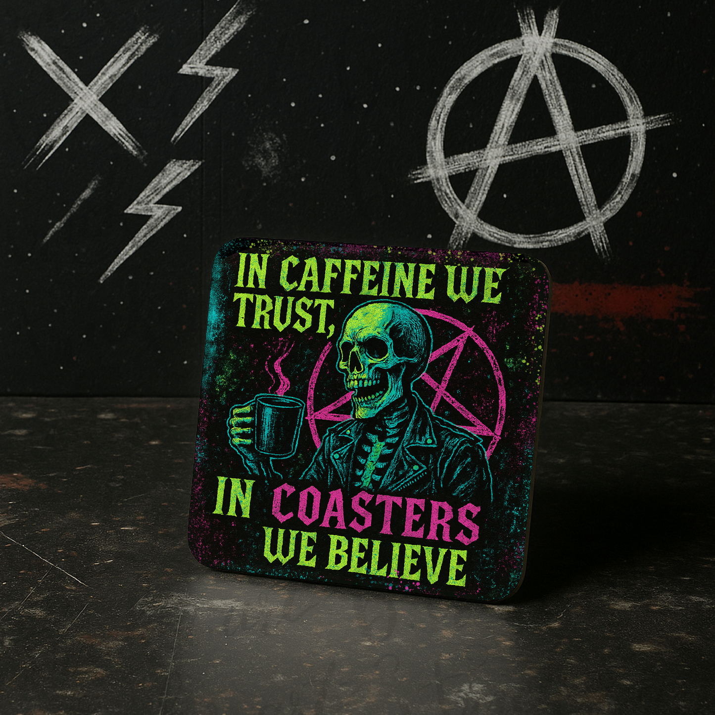 “In Caffeine We Trust” Coaster – Funny Gothic Skeleton Quote – Coffee Lover Gift