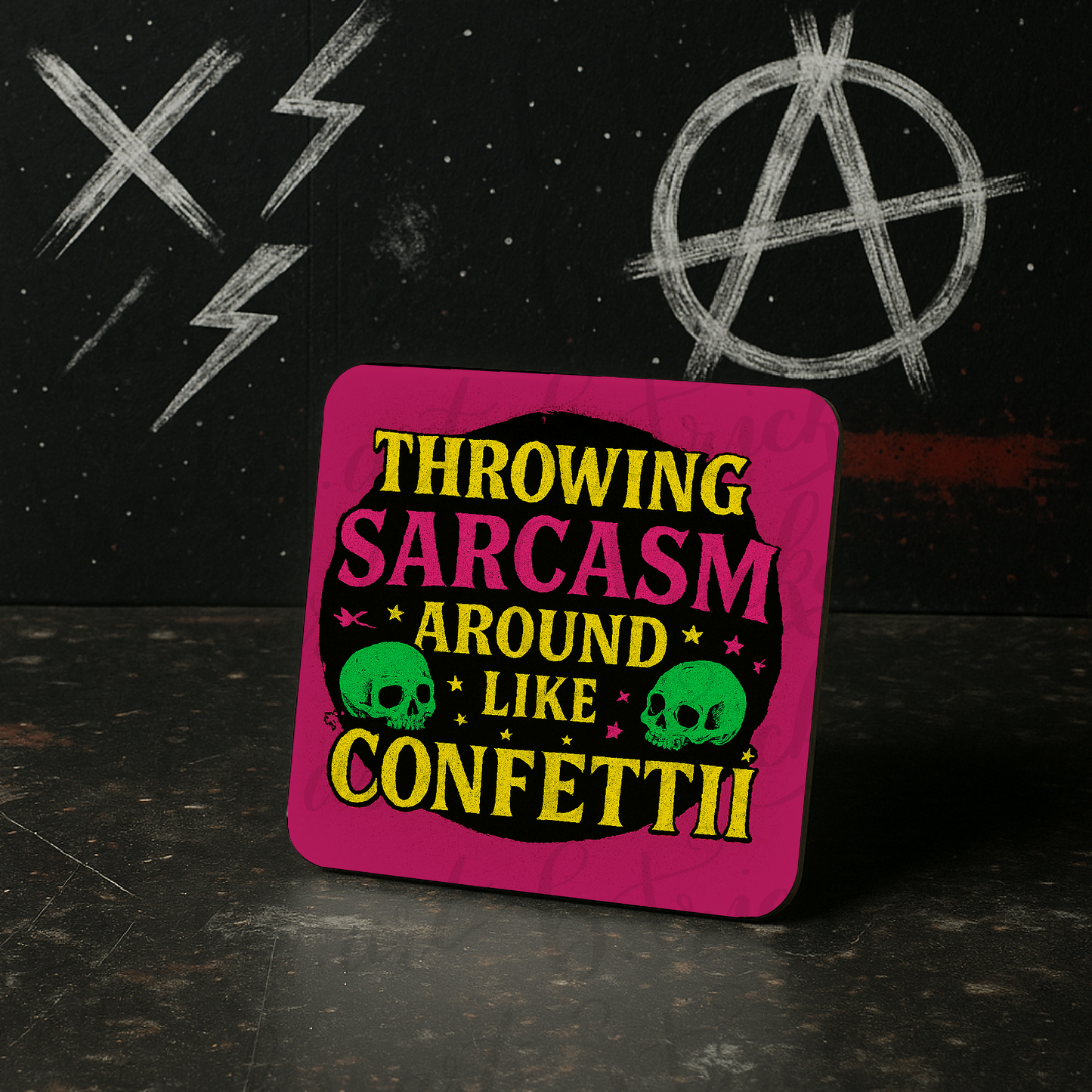 Throwing Sarcasm Like Confetti Coaster – Funny Neon Skull Quote – Alternative Gift Idea