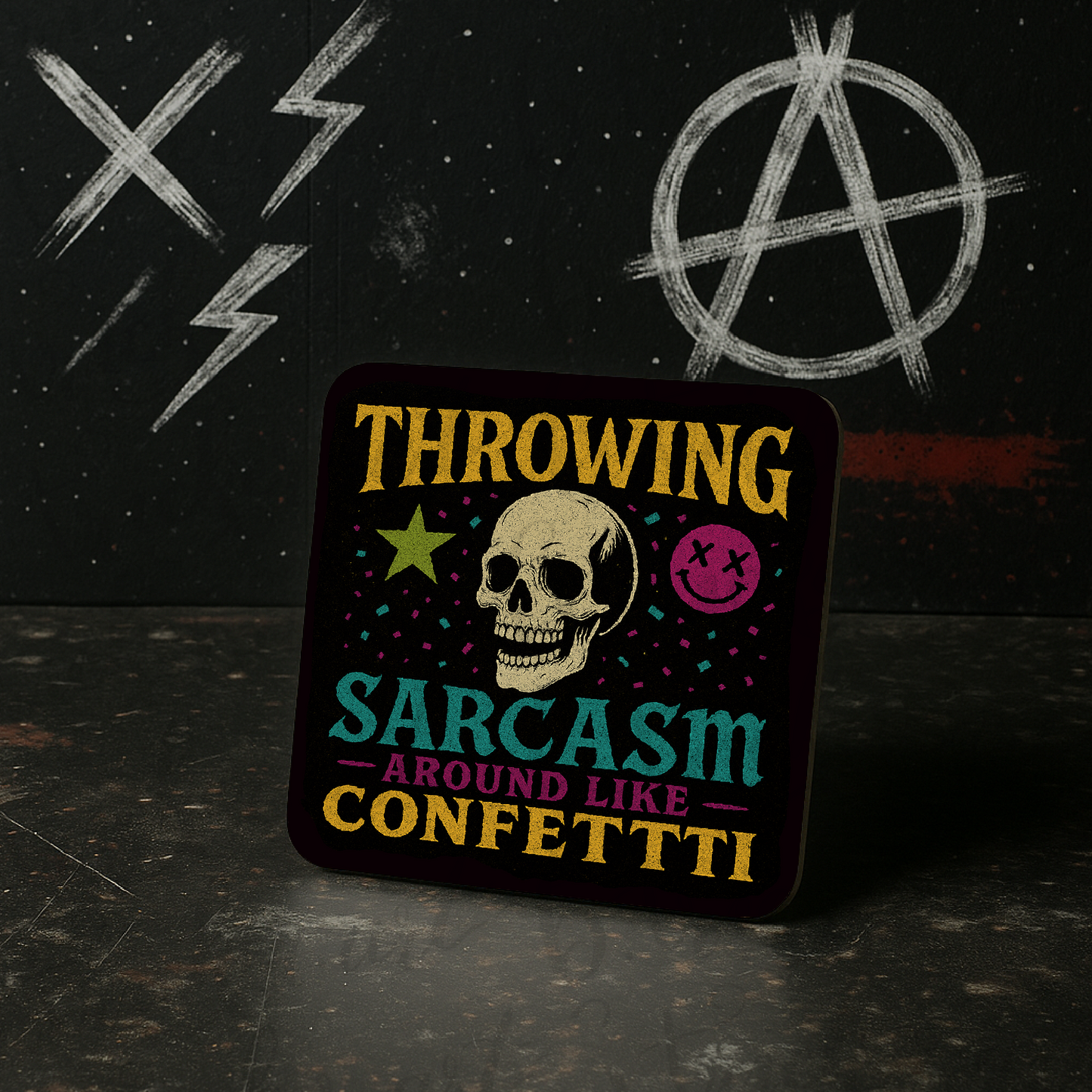 Throwing Sarcasm Like Confetti Coaster – Funny Skull Quote – Gothic - alternative Gift