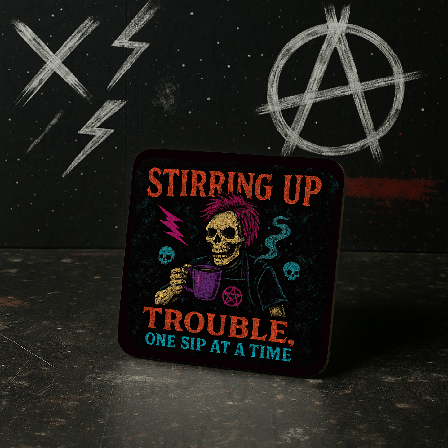 “Stirring Up Trouble” Coaster – Funny Gothic Coffee Quote – Skeleton Gift