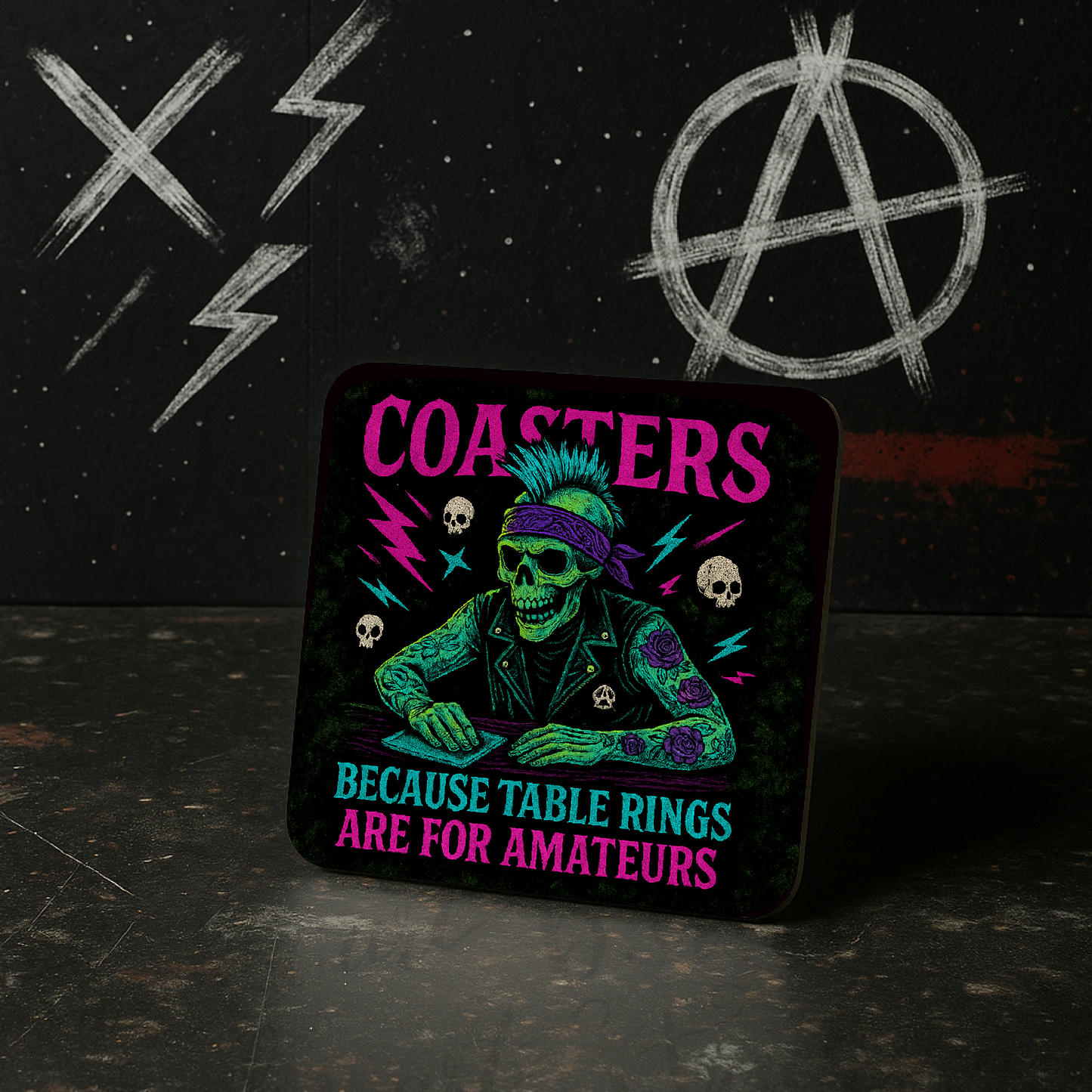 “Coasters because table rings are for amateurs”Coaster – Funny Punk Skeleton Quote – Alternative Table Gift