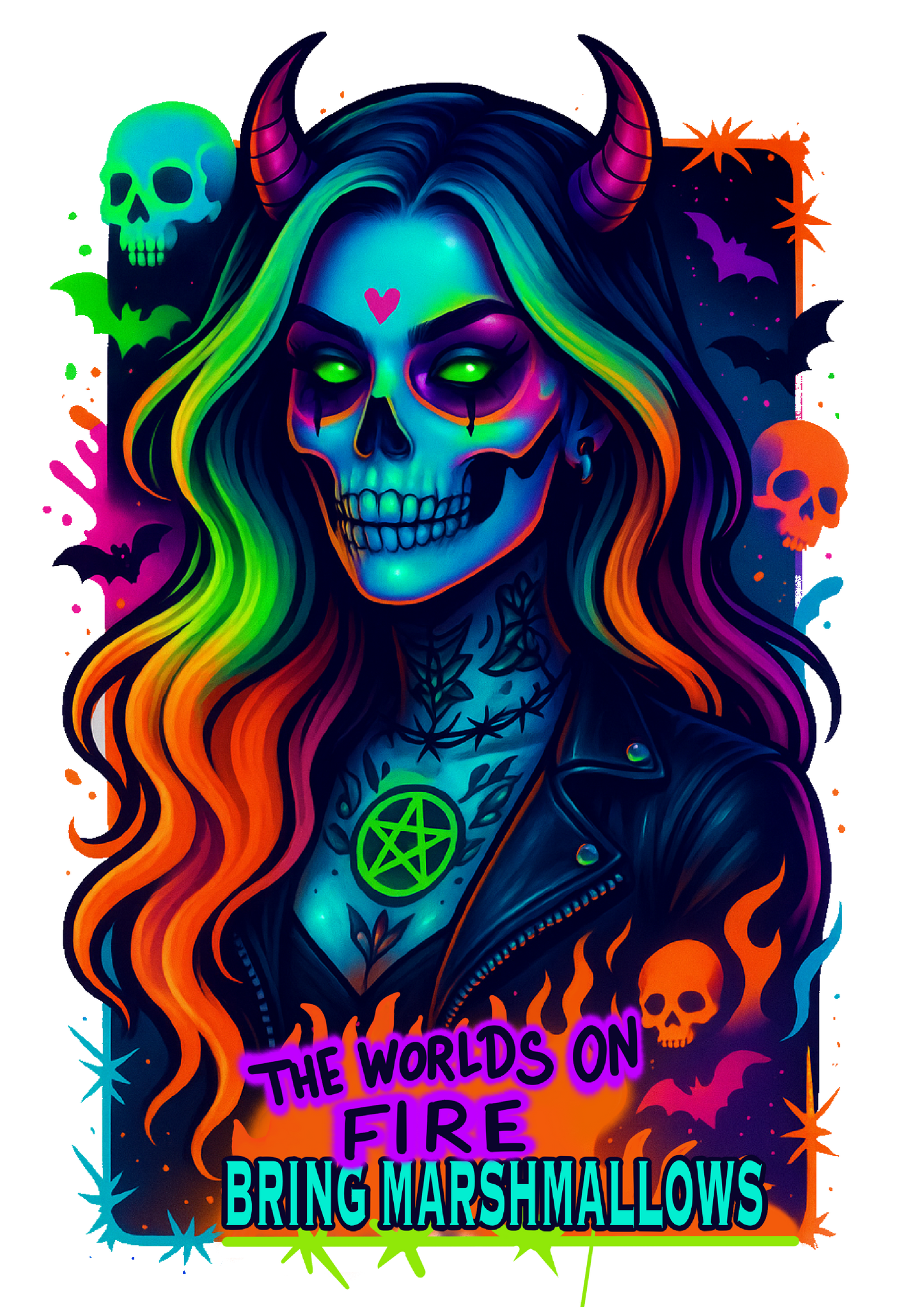 Tote Bag – Alternative Punk Rock Skull Design with Neon Colours “The World’s on Fire Bring Marshmallows”