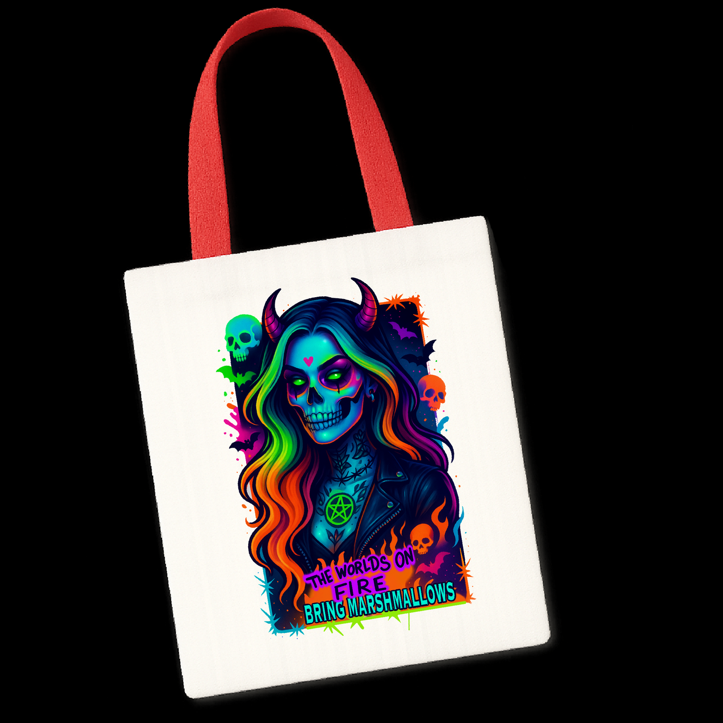 Tote Bag – Alternative Punk Rock Skull Design with Neon Colours “The World’s on Fire Bring Marshmallows”