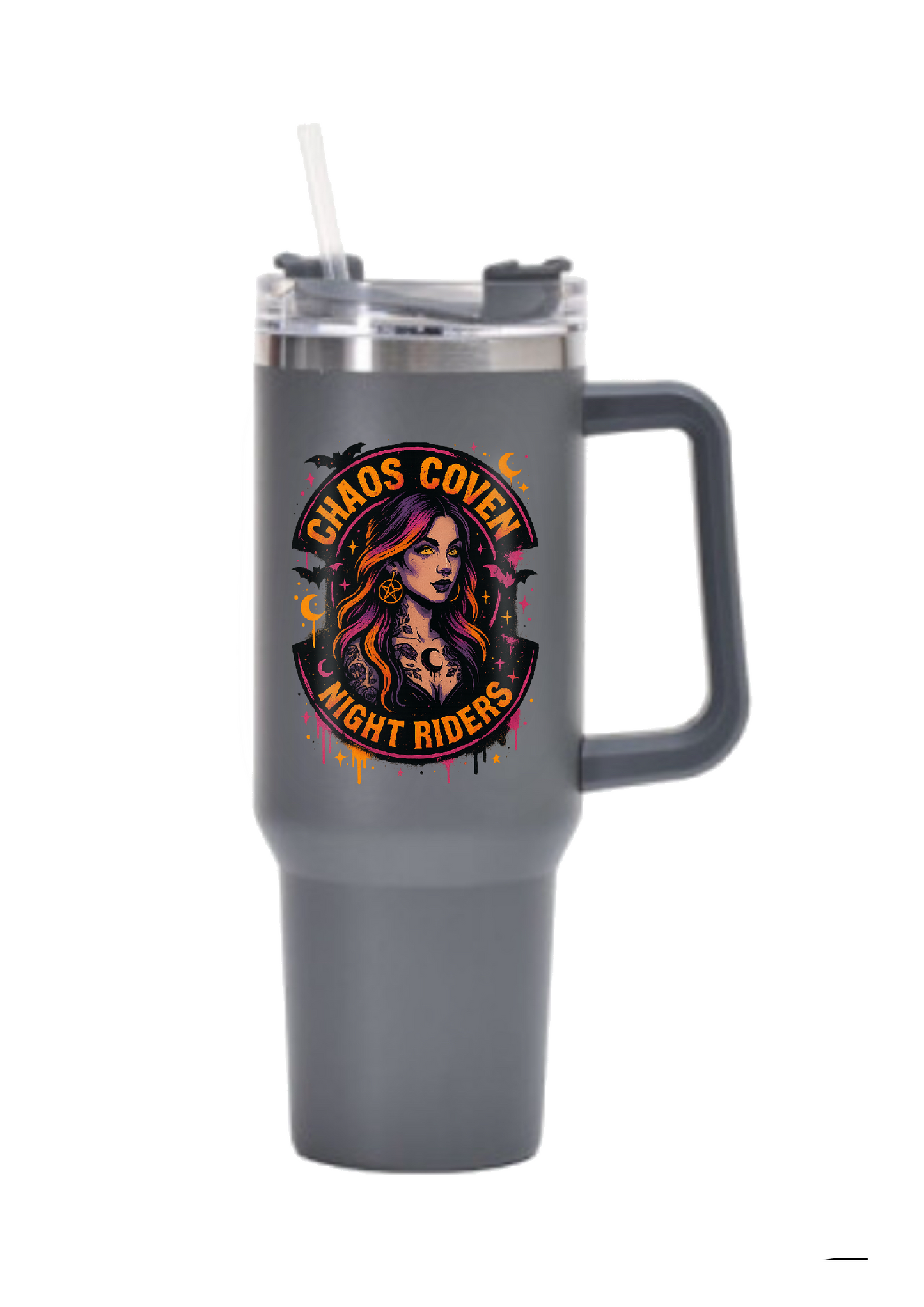 40oz Tumbler – Chaos Coven Night Riders – Double Walled Stainless Steel with Handle & Straw – Gothic Witchy Mug – Halloween Alt Gift for Coffee Lovers