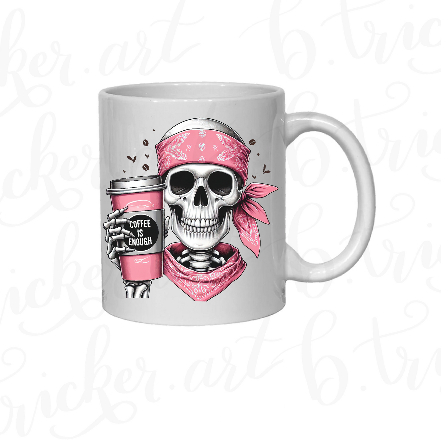 Gothic Skeleton Coffee Mug | “Coffee Is Enough” 11oz Cup | Pink Bandana Skull Design | Alternative Gift