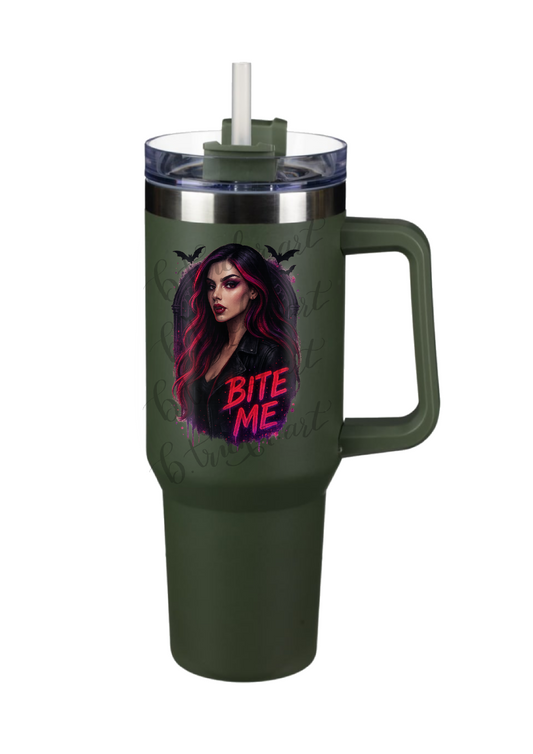 40oz Tumbler  Bite Me Gothic Vampire Design Funny Alt Halloween Mug – Dark Humour Gift for Coffee Lovers