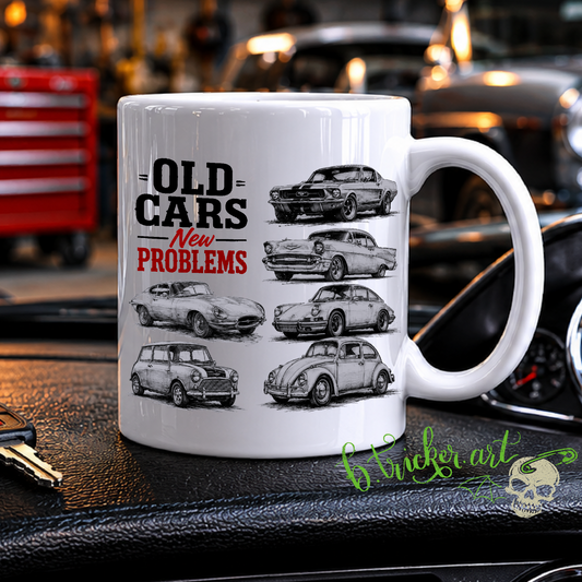 “Old Cars New Problems” Mug | Funny Classic Car Enthusiast Motoring Gift
