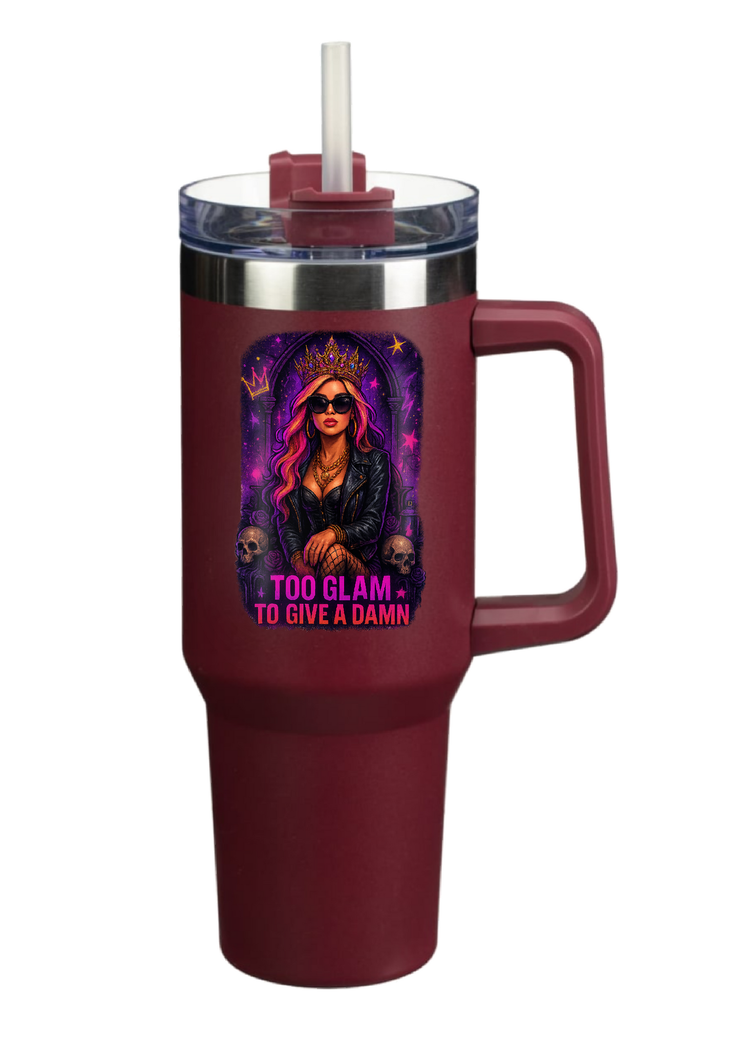 40oz Tumbler – Too Glam to Give a Damn – Double Walled Stainless Steel with Handle & Straw – Gothic Glam Mug – Alt Fashion Gift for Coffee Lovers