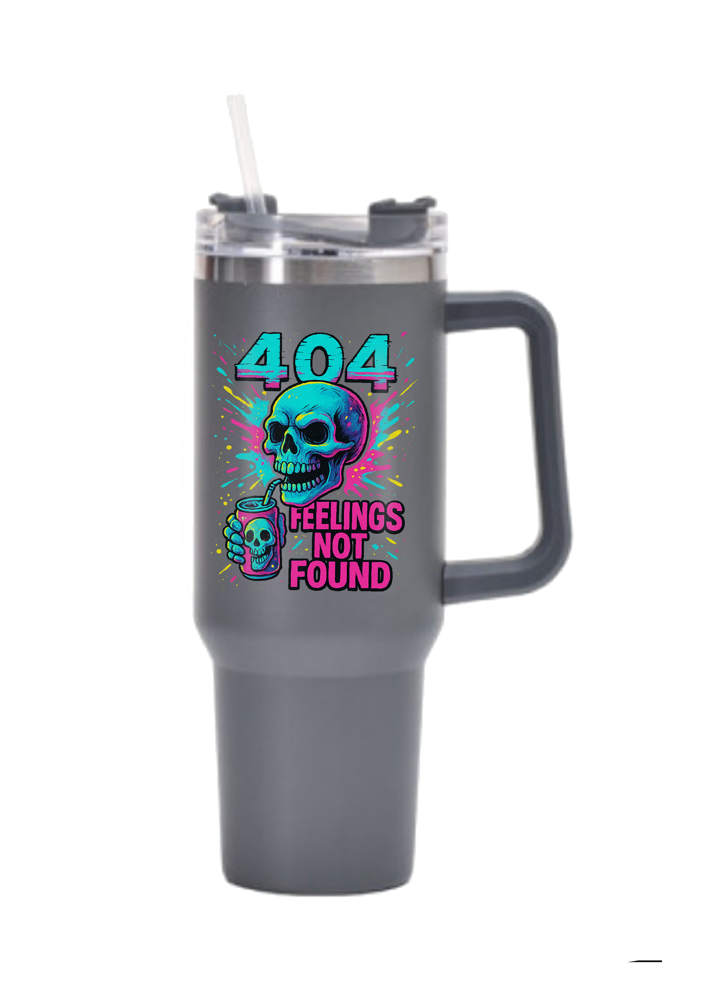 40oz Tumbler – 404 Feelings Not Found – Double Walled Stainless Steel with Handle & Straw – Funny Gothic Skull Mug – Alt Gift for Coffee Lovers