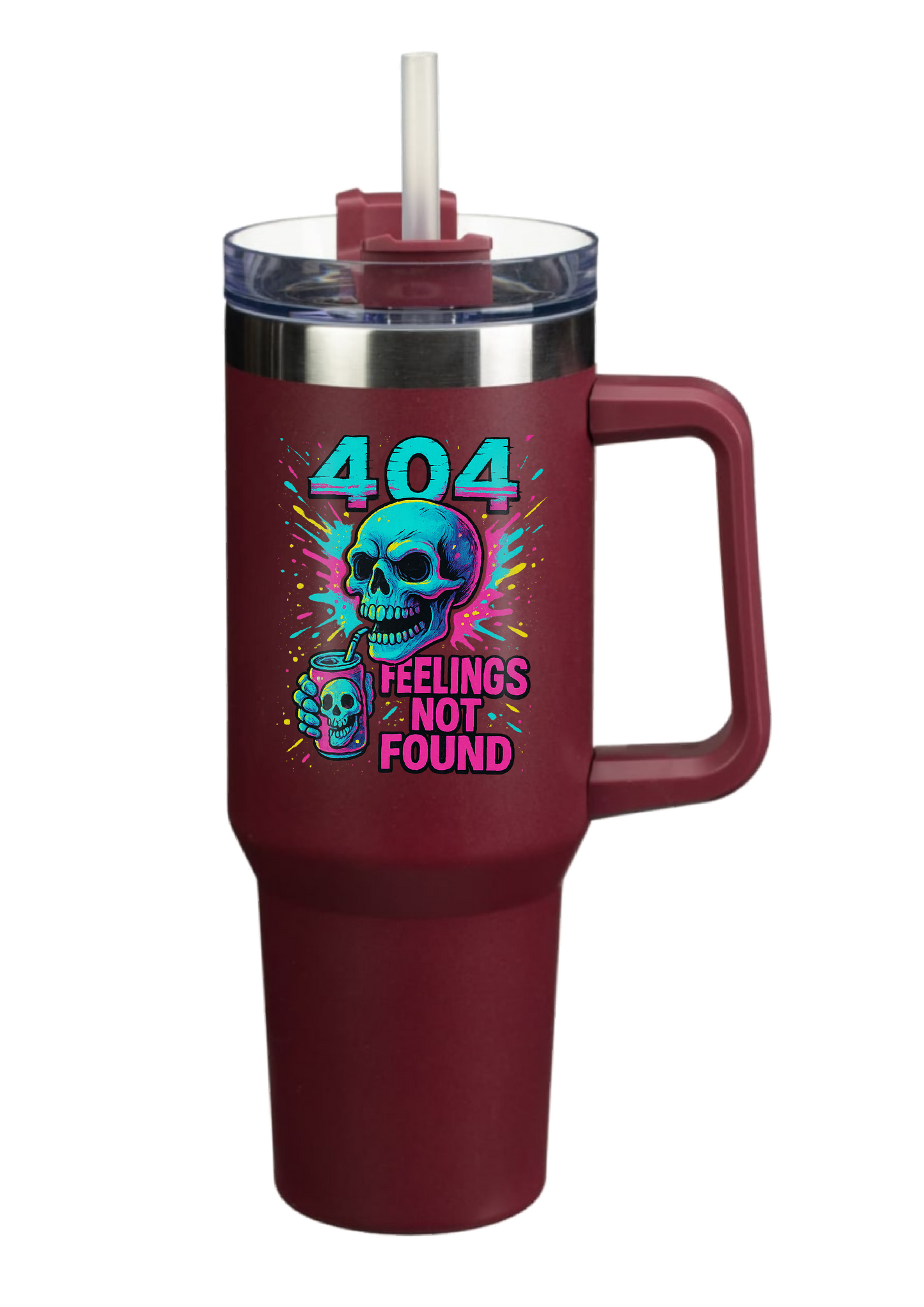 40oz Tumbler – 404 Feelings Not Found – Double Walled Stainless Steel with Handle & Straw – Funny Gothic Skull Mug – Alt Gift for Coffee Lovers