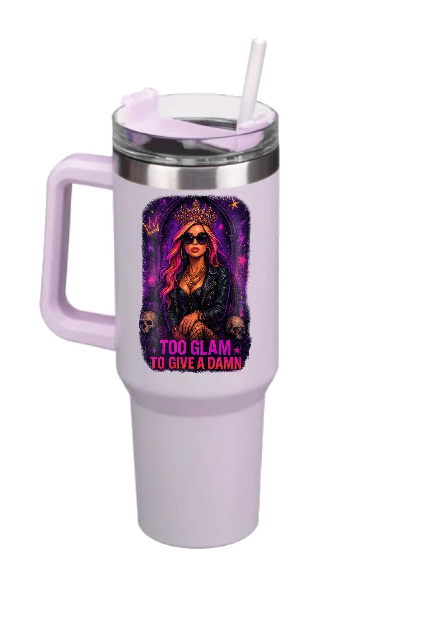 40oz Tumbler – Too Glam to Give a Damn – Double Walled Stainless Steel with Handle & Straw – Gothic Glam Mug – Alt Fashion Gift for Coffee Lovers