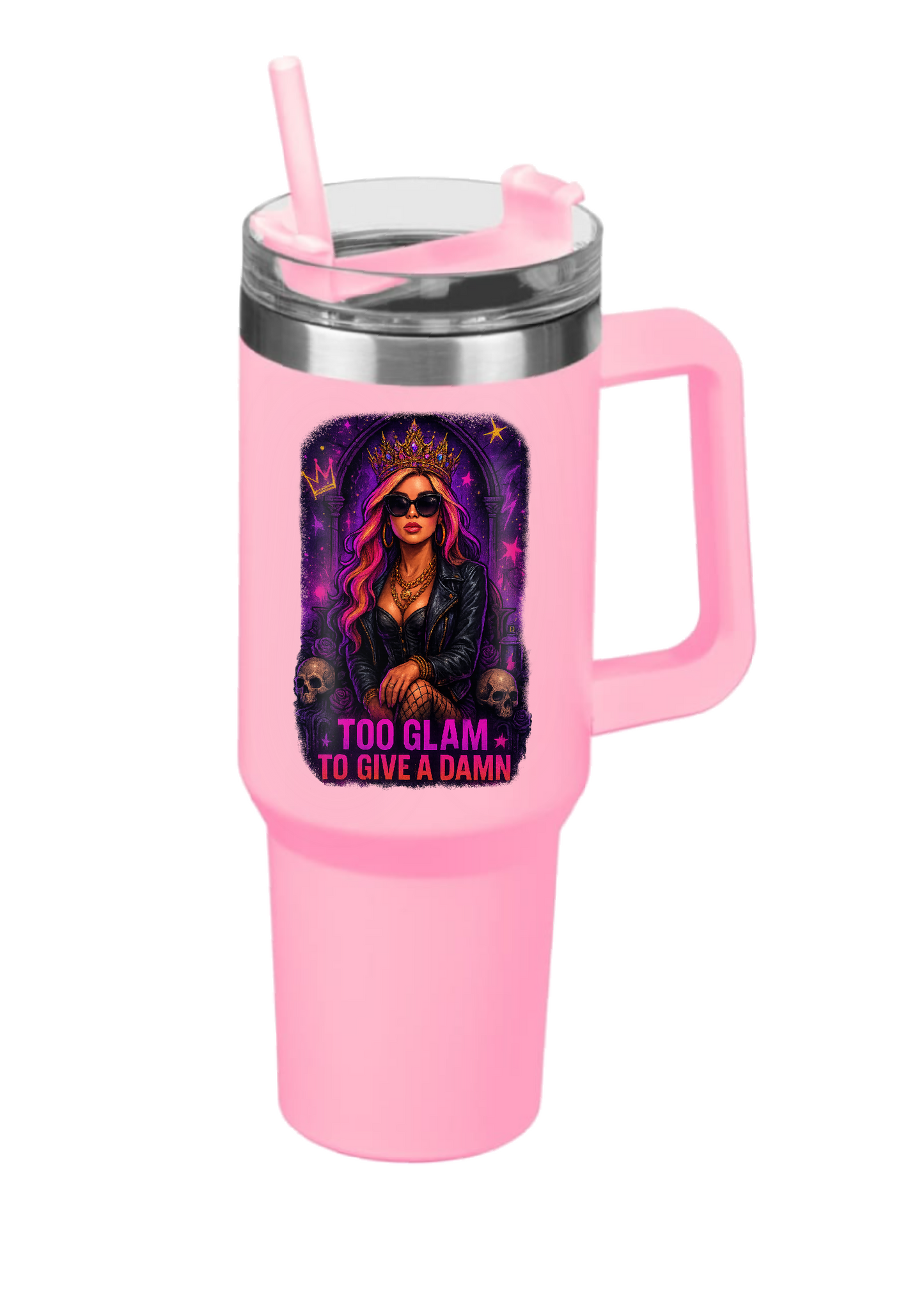40oz Tumbler – Too Glam to Give a Damn – Double Walled Stainless Steel with Handle & Straw – Gothic Glam Mug – Alt Fashion Gift for Coffee Lovers