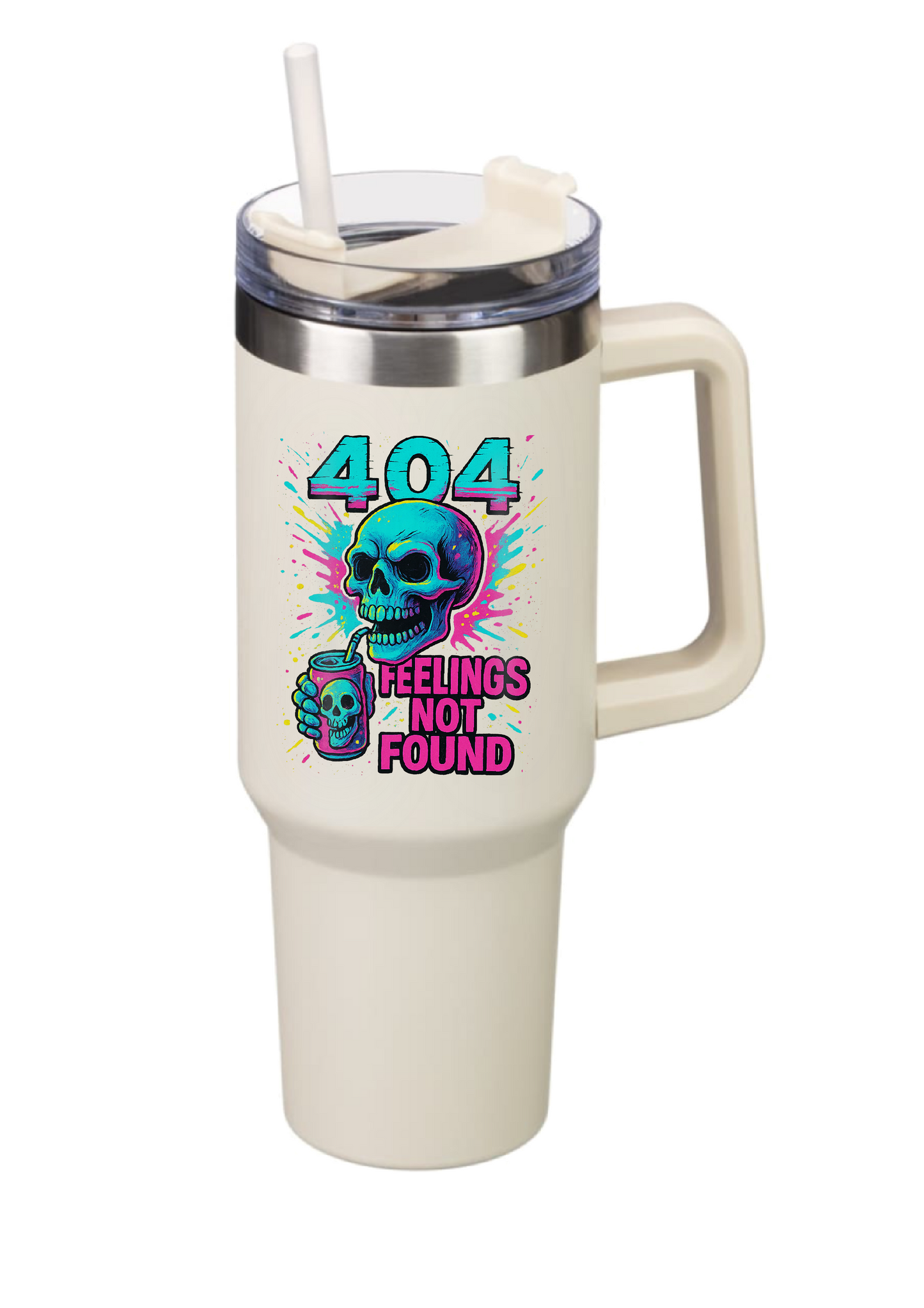 40oz Tumbler – 404 Feelings Not Found – Double Walled Stainless Steel with Handle & Straw – Funny Gothic Skull Mug – Alt Gift for Coffee Lovers