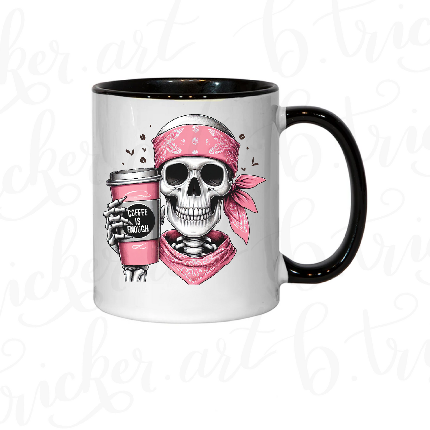 Gothic Skeleton Coffee Mug | “Coffee Is Enough” 11oz Cup | Pink Bandana Skull Design | Alternative Gift