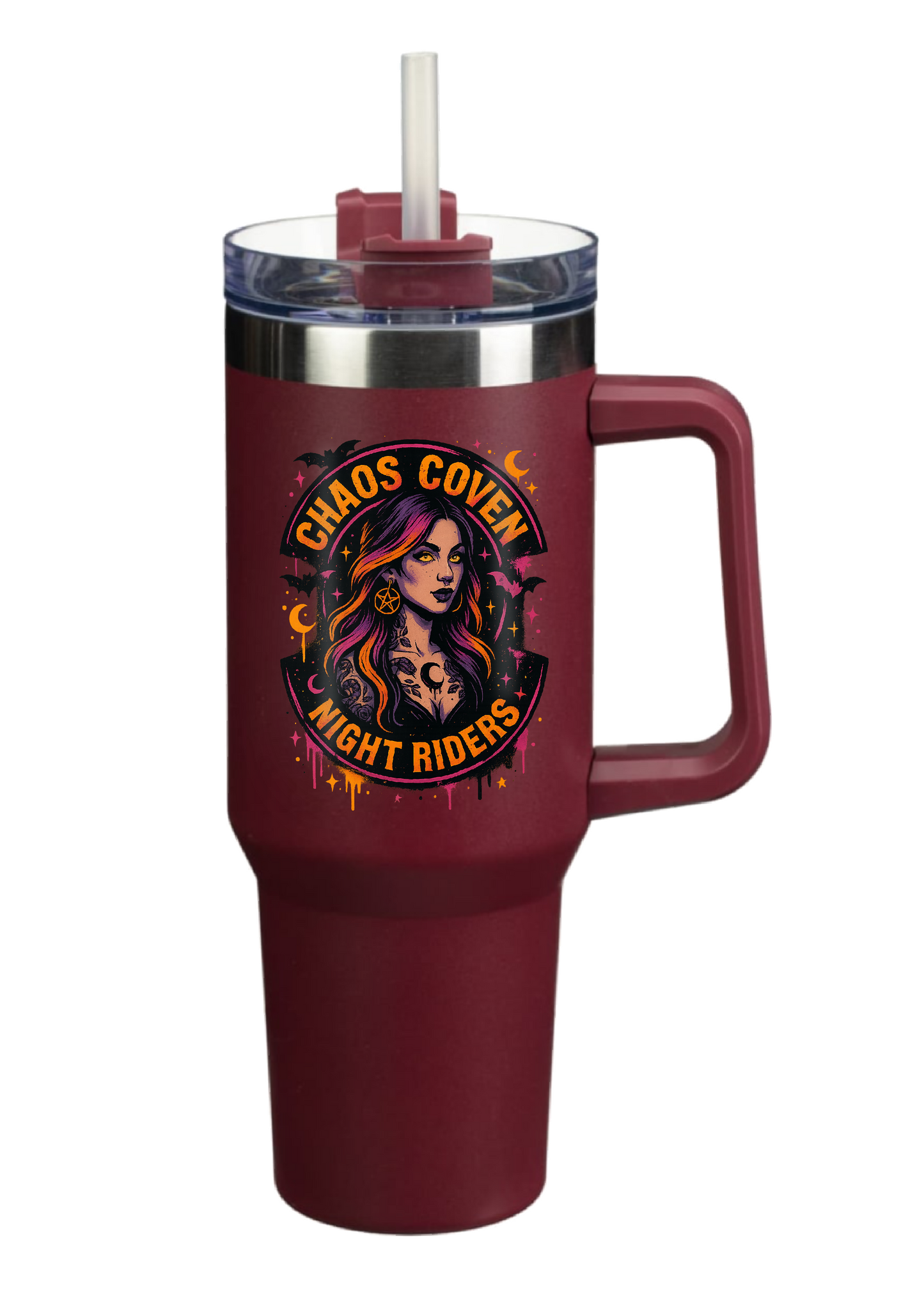 40oz Tumbler – Chaos Coven Night Riders – Double Walled Stainless Steel with Handle & Straw – Gothic Witchy Mug – Halloween Alt Gift for Coffee Lovers