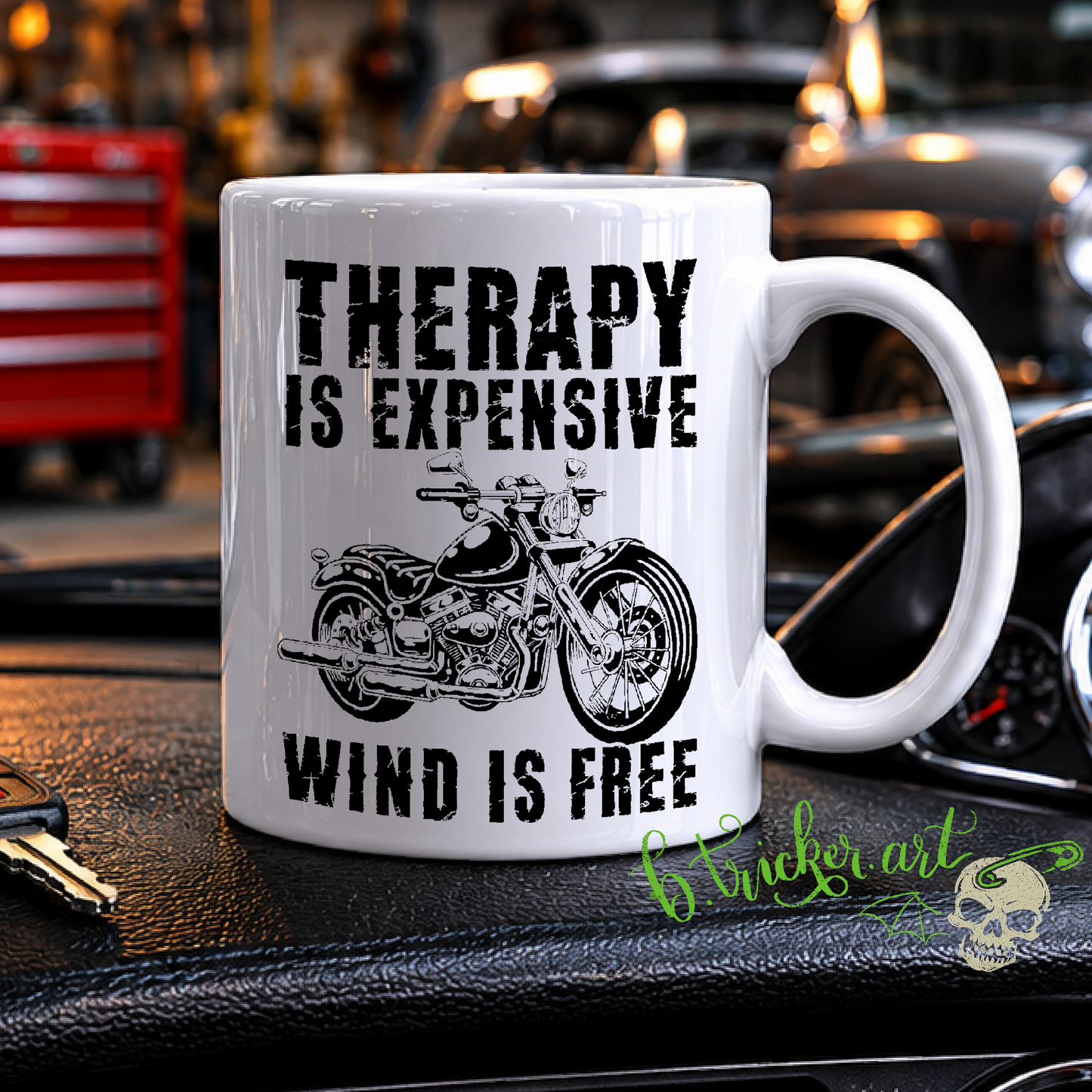 “Therapy Is Expensive, Wind Is Free” Mug | Funny Biker Motorbike Rider Gift