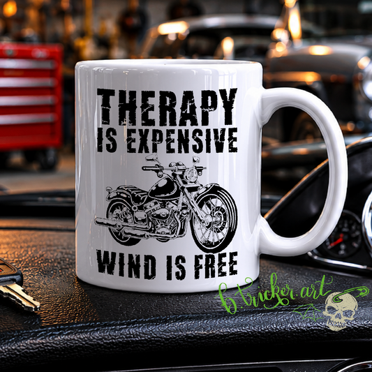 “Therapy Is Expensive, Wind Is Free” Mug | Funny Biker Motorbike Rider Gift