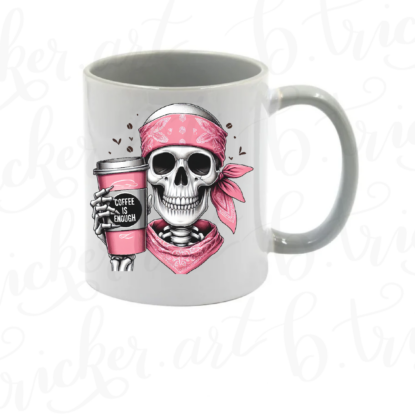 Gothic Skeleton Coffee Mug | “Coffee Is Enough” 11oz Cup | Pink Bandana Skull Design | Alternative Gift